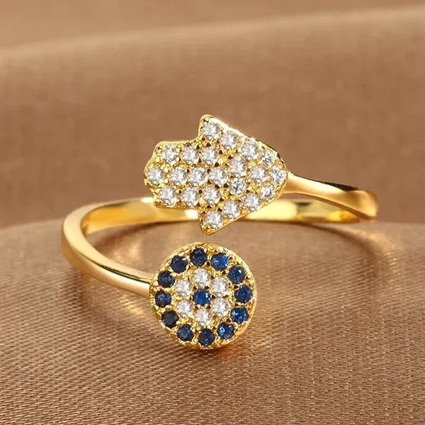Bague de protection pour femme avec main de Fatma arabe or bleu