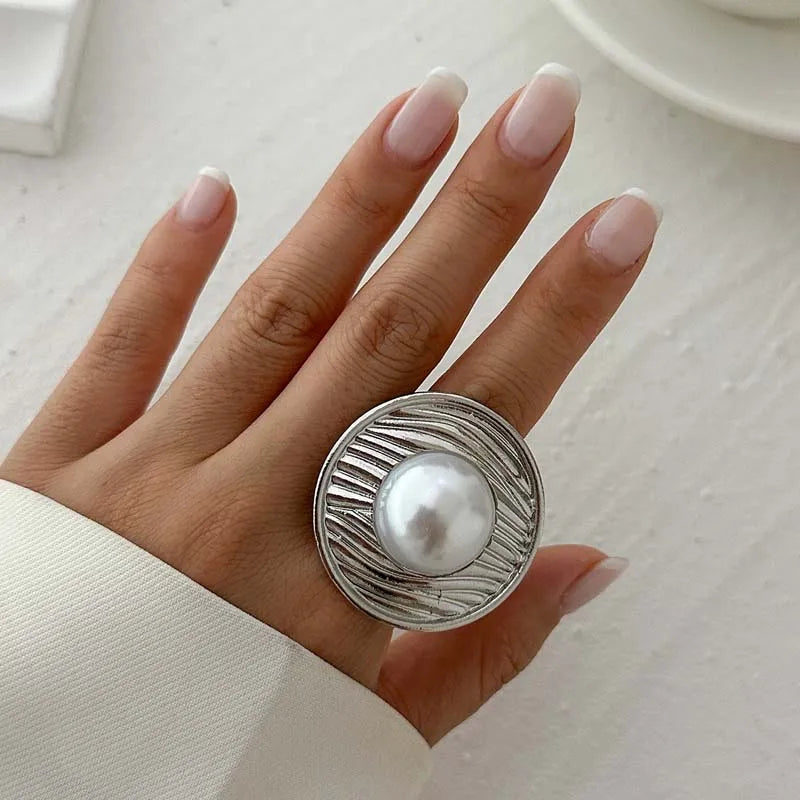 Baroque Style Ring with Silver White Pearl