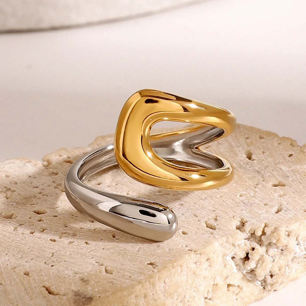 Bague Dorée et Argentée Anneau Goutte d'Eau Creuse