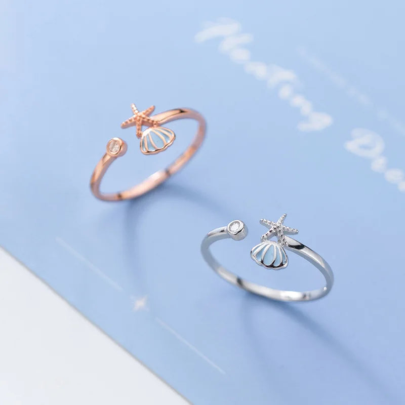Shells Starfish and Scallop Shell Ring with Rose Gold Zircon