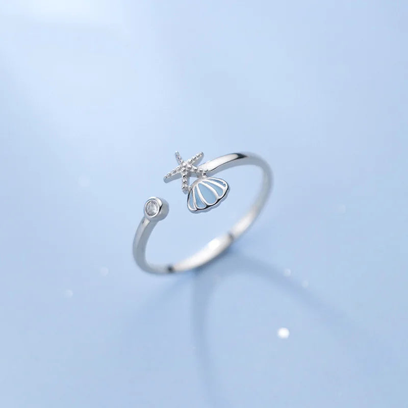 Shells Starfish and Scallop Shell Ring with Silver Zircon