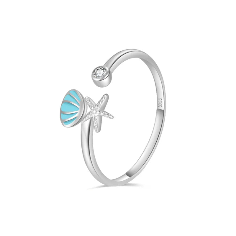 Shells Starfish and Scallop Shell Ring with Silver Zircon