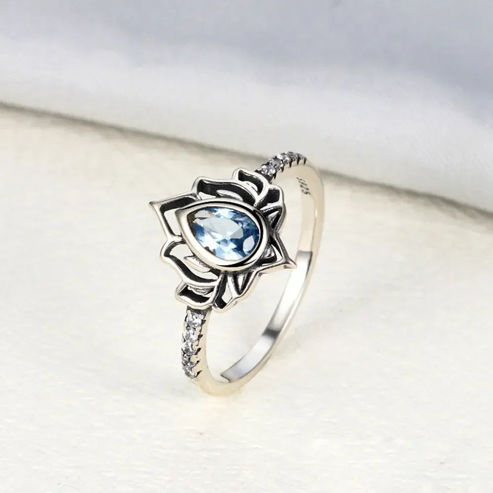 Silver Lotus Flower Ring Blue Woman
