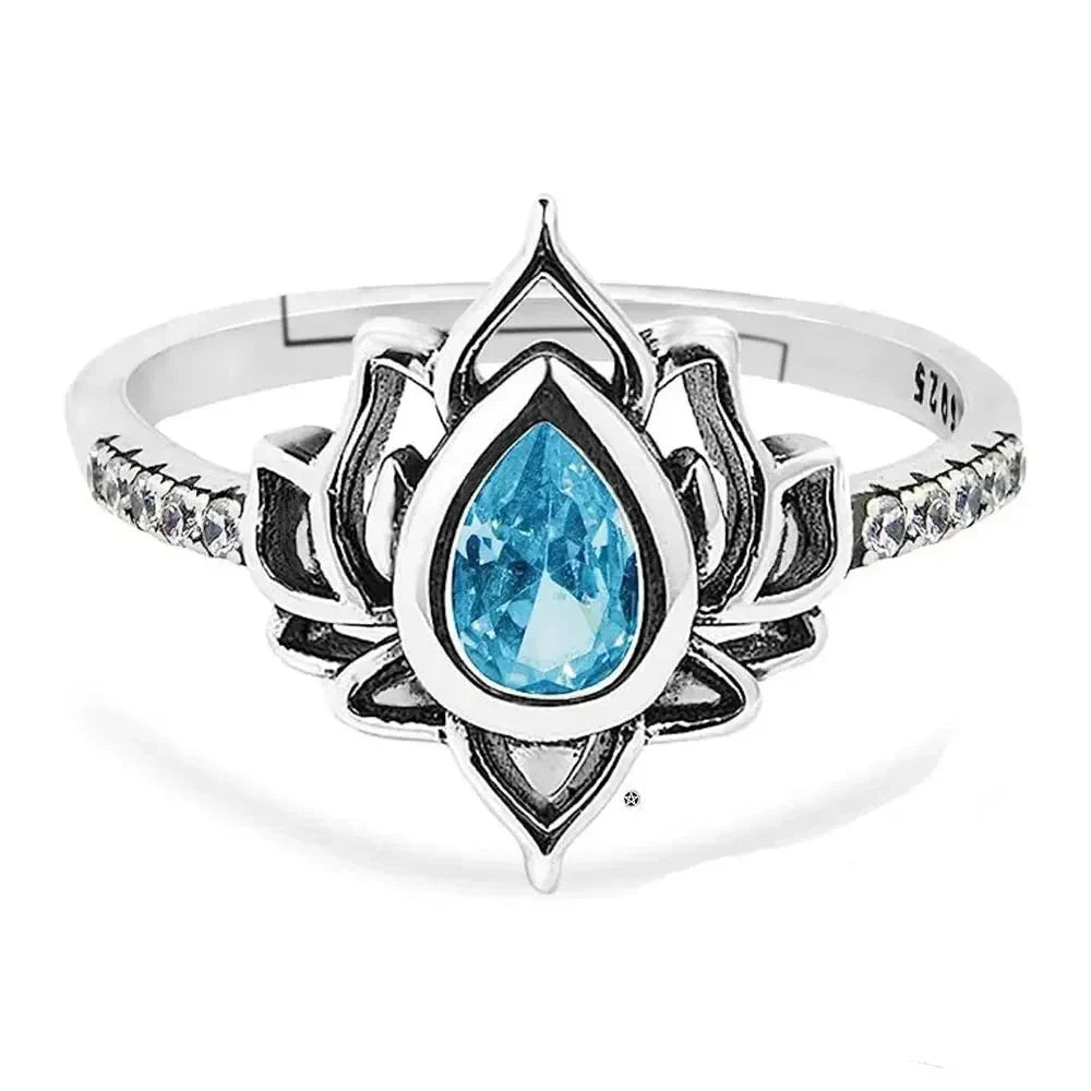Silver Lotus Flower Ring Blue Woman