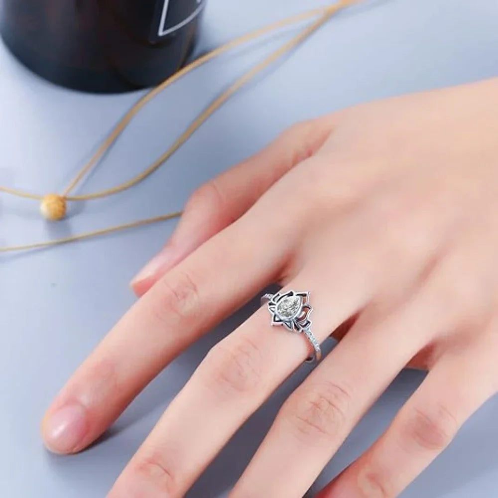 Silver Lotus Flower Ring White Woman