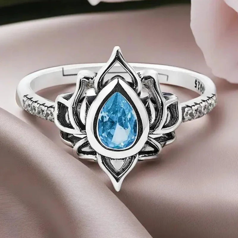 Silver Lotus Flower Ring Blue Woman
