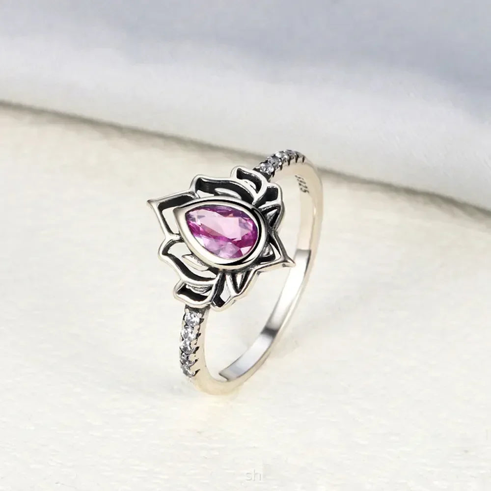 Silver Lotus Flower Ring Pink Woman