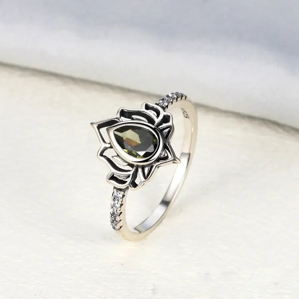 Silver Lotus Flower Ring Green Woman