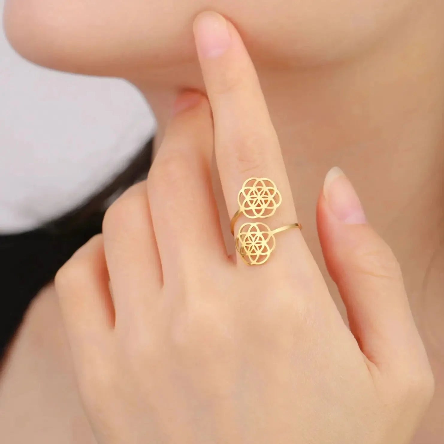 Women's Seed of Life Flower Mandala Gold Ring