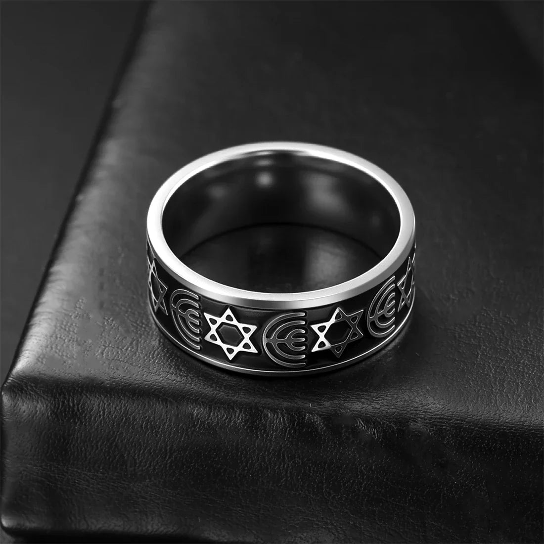 Bague large Menorah et étoiles de David symboles juifs
