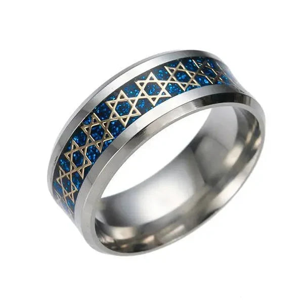 Bague large pour homme avec étoiles de David symbole juif bleu