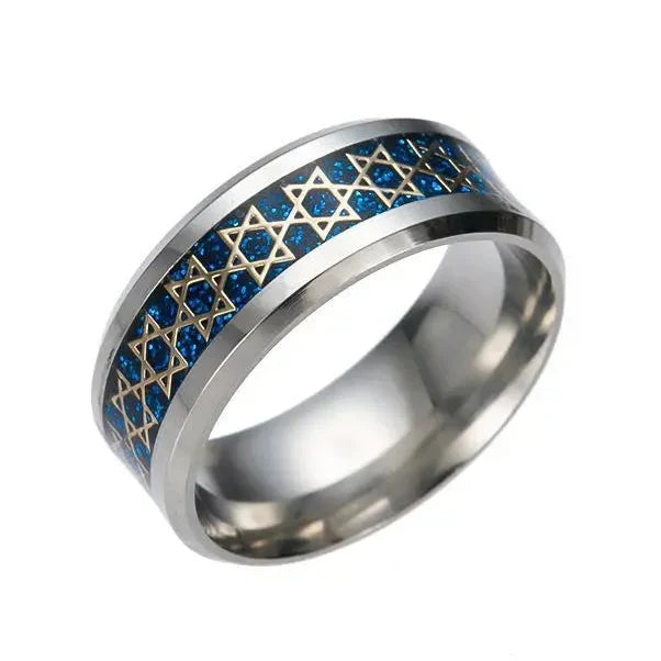 Bague large pour homme avec étoiles de David symbole juif bleu