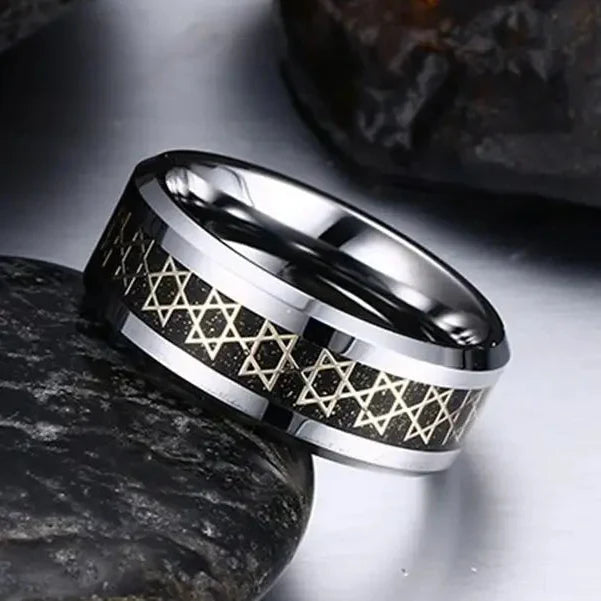 Bague large pour homme avec étoiles de David symbole juif noir