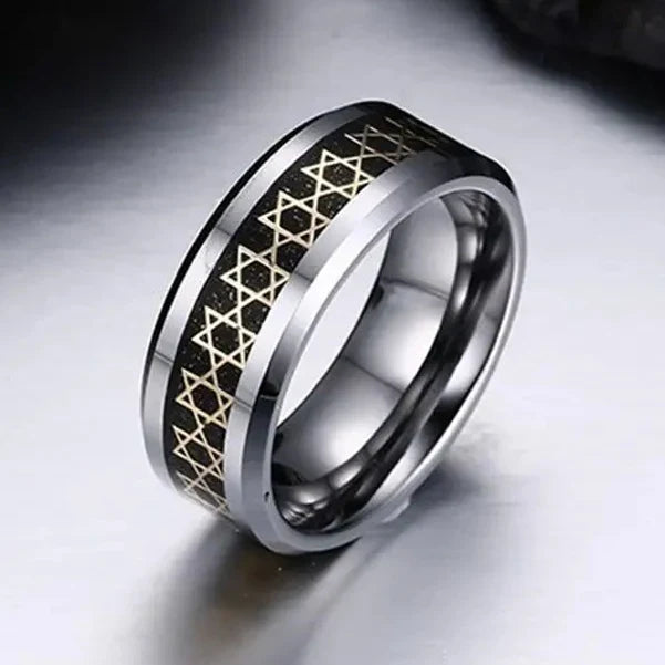 Bague large pour homme avec étoiles de David symbole juif noir
