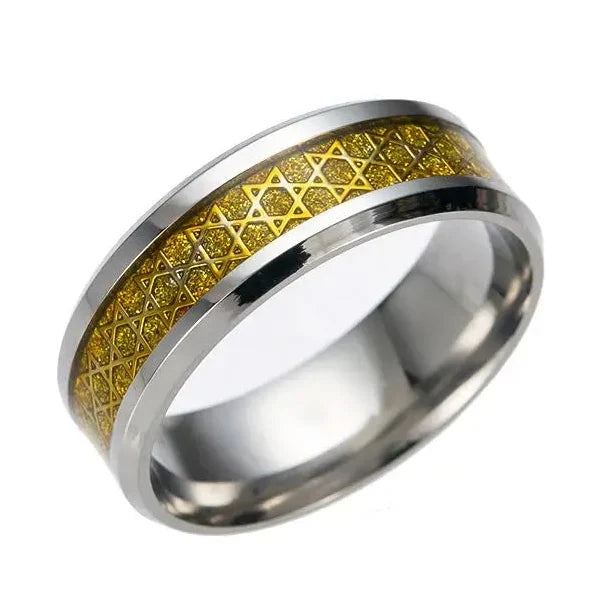 Bague large pour homme avec étoiles de David symbole juif or