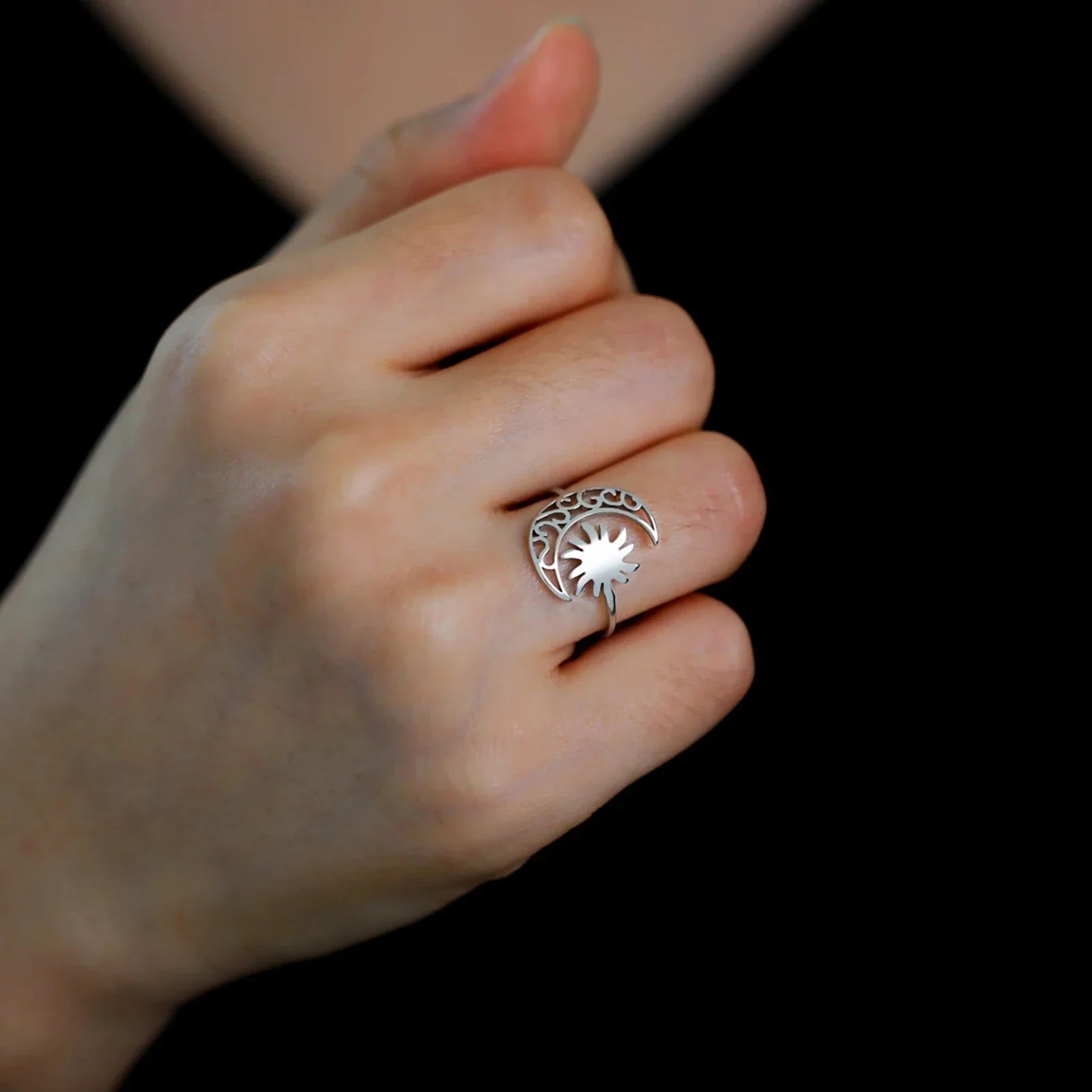 Silver Moon and Sun Ring