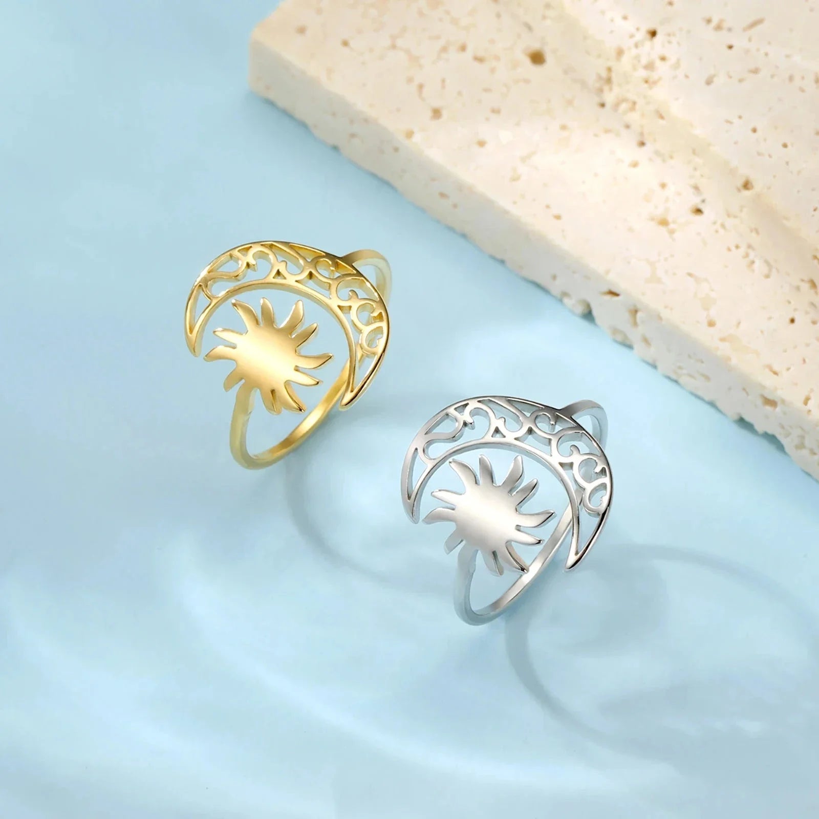 Silver Moon and Sun Ring