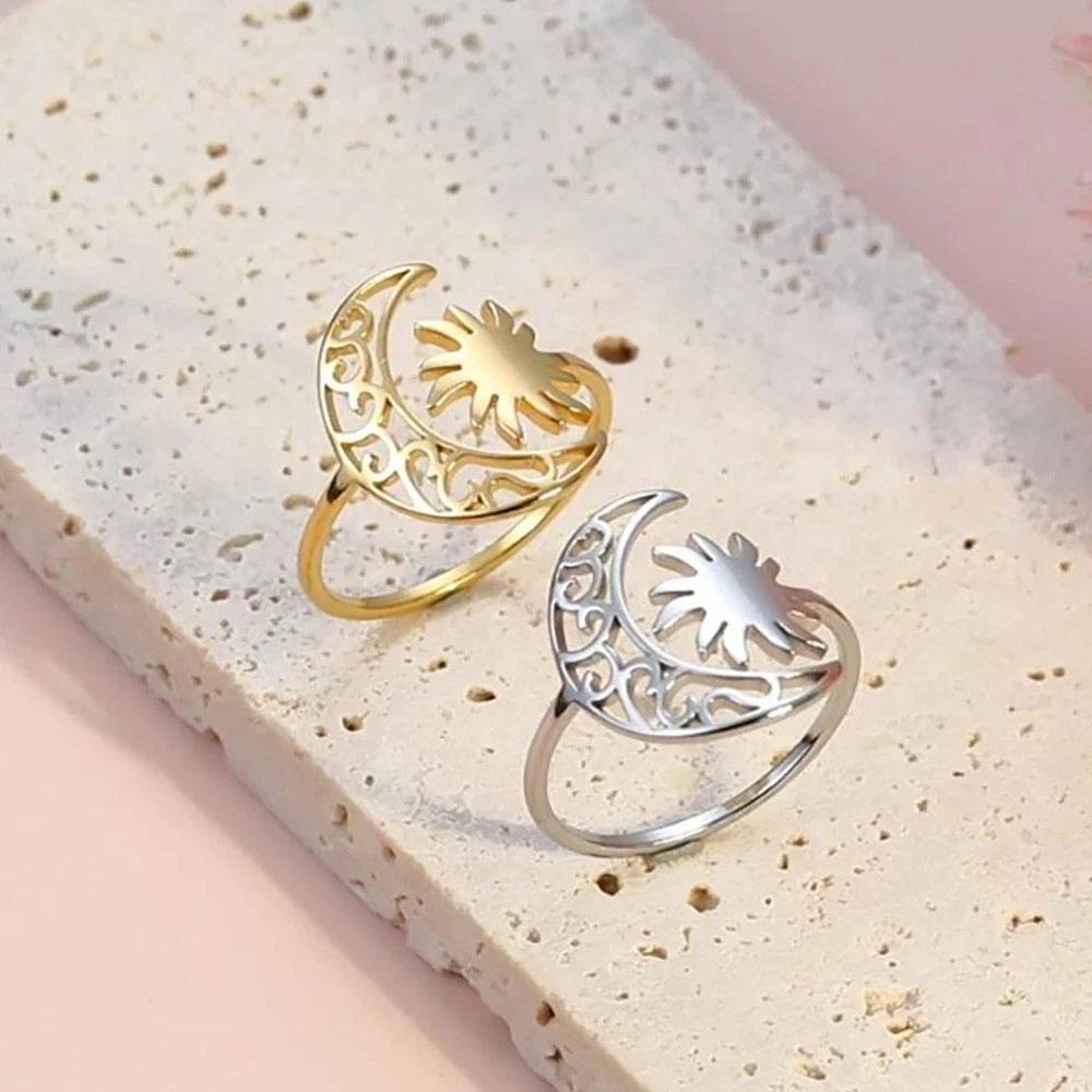 Silver Moon and Sun Ring