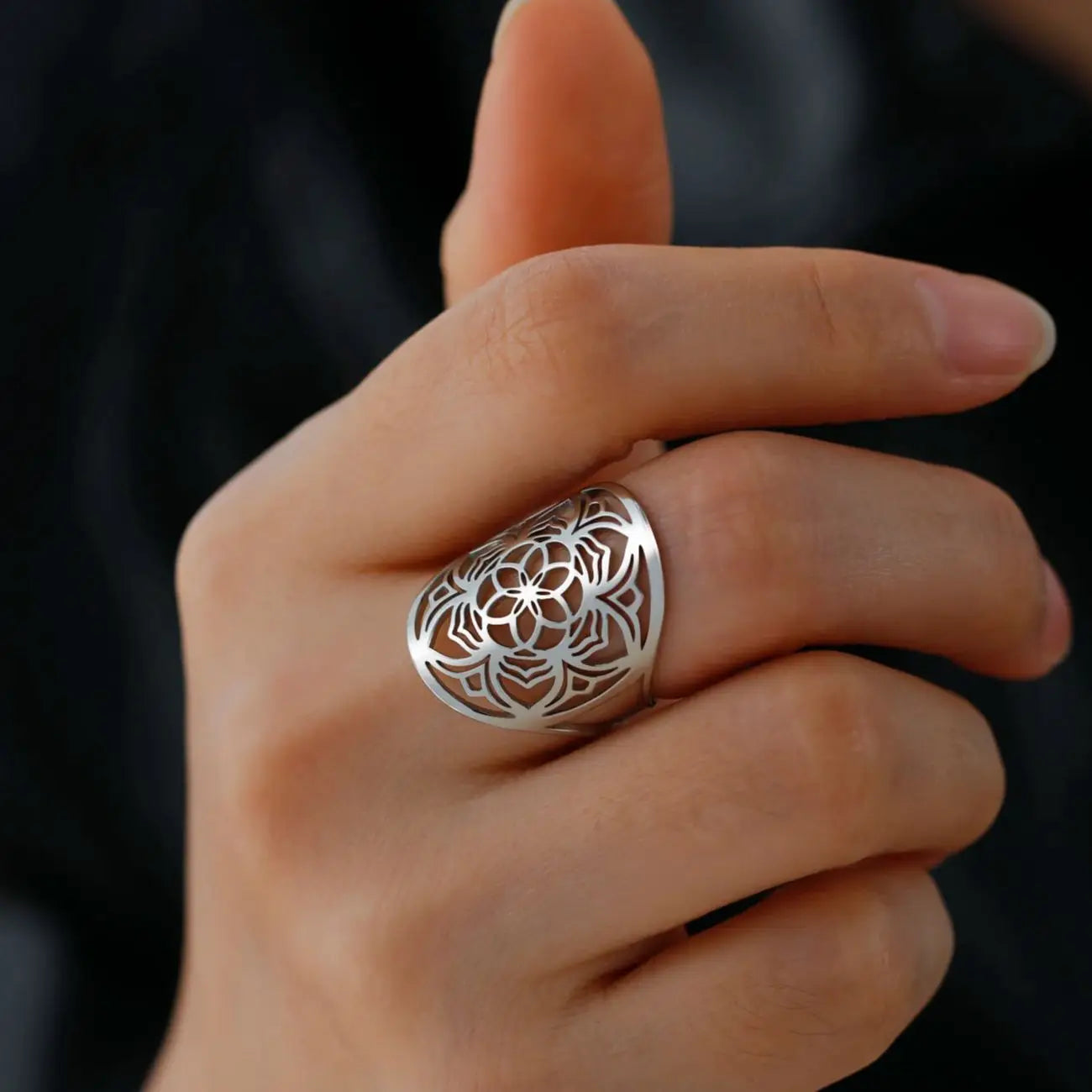 Mandala Ring Women Flower Silver Ring