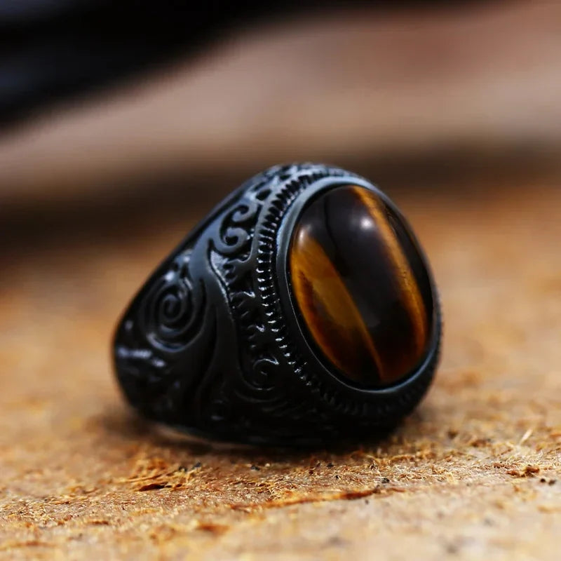Men's Tiger Eye Ring Decorated in Black