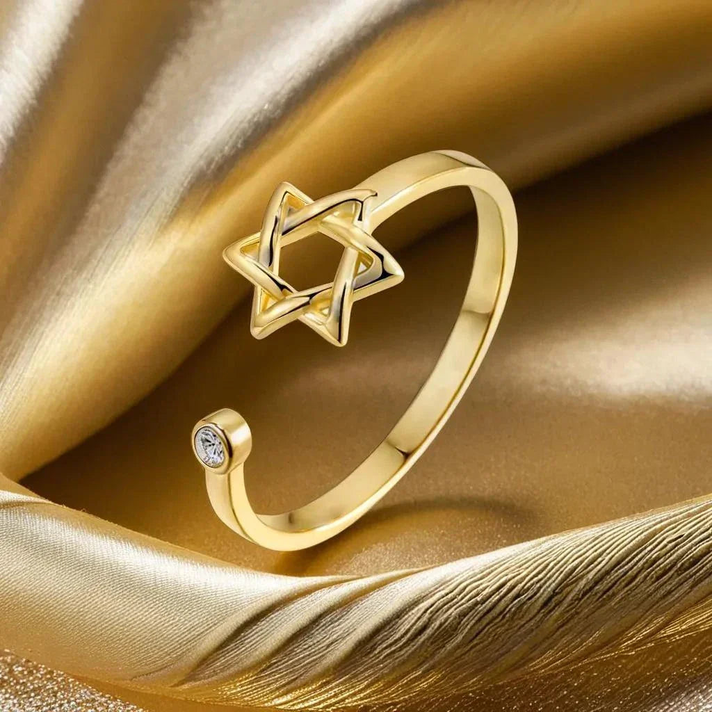 Bague ouverte pour femme avec l'étoile de David symbole juif or