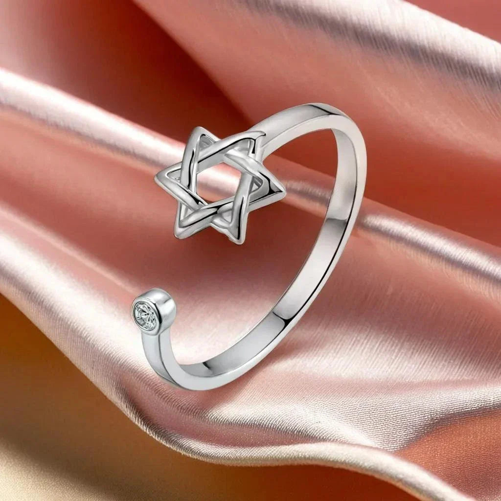 Bague ouverte pour femme avec l'étoile de David symbole juif argent