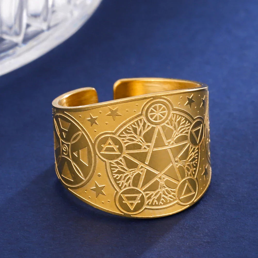 Pentagram Tetragram Witchcraft Sorcery gold Ring