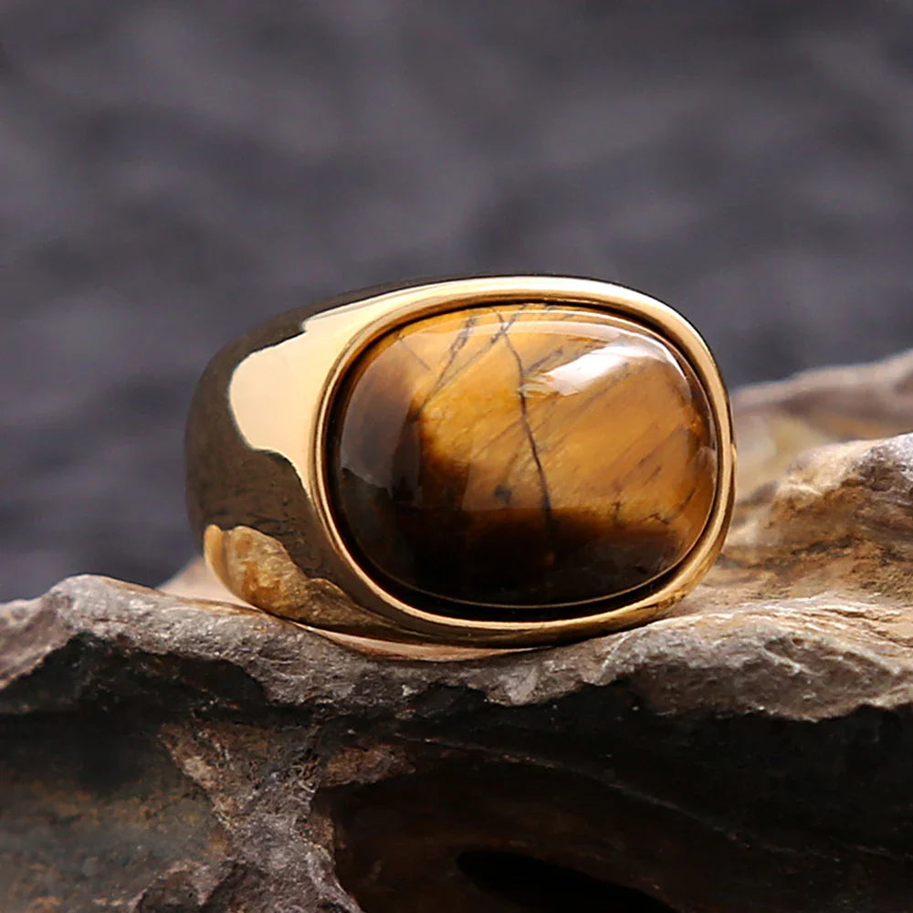 Tiger Eye Stone Ring Men Women gold