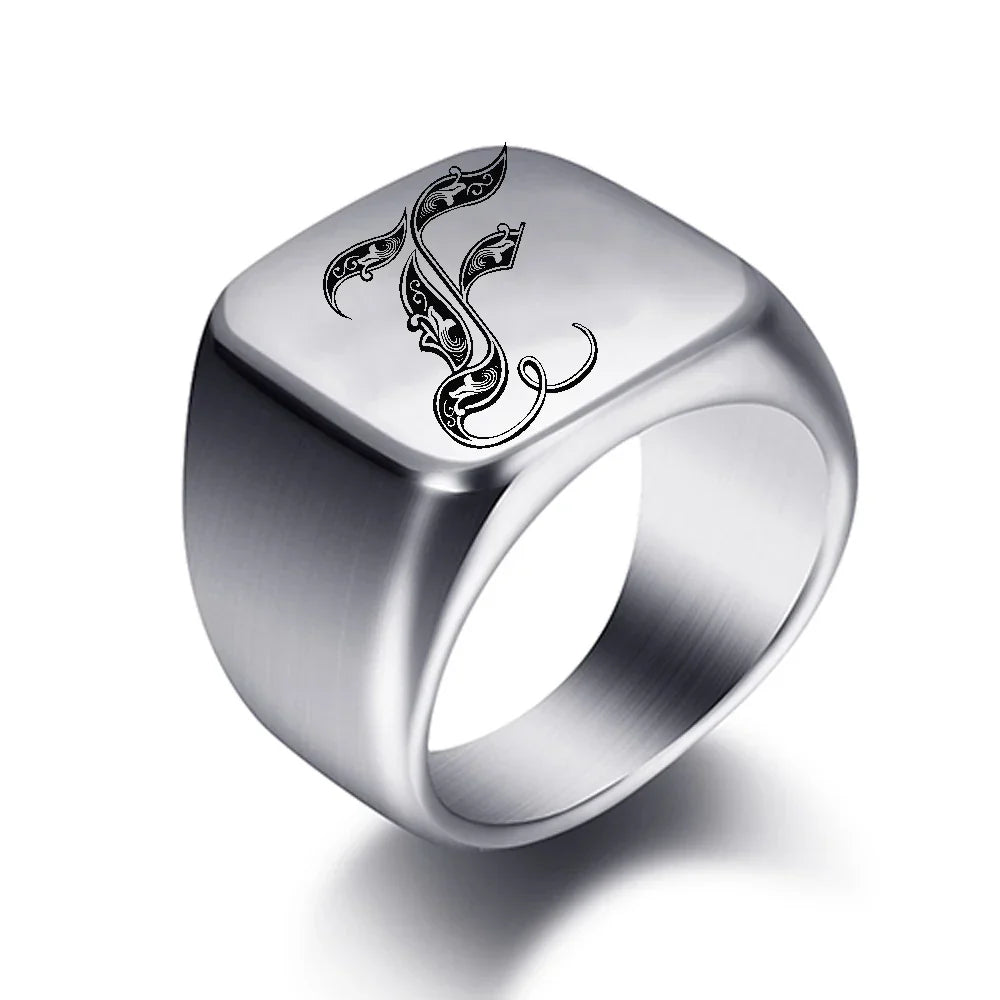 Bague large homme initiale f