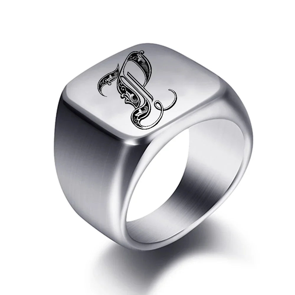 Bague large homme initiale p