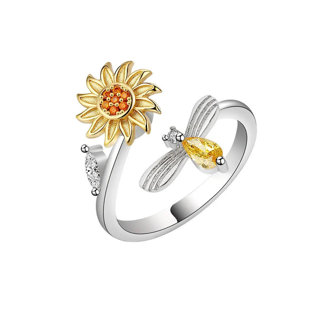 Bague abeille et fleur rotative