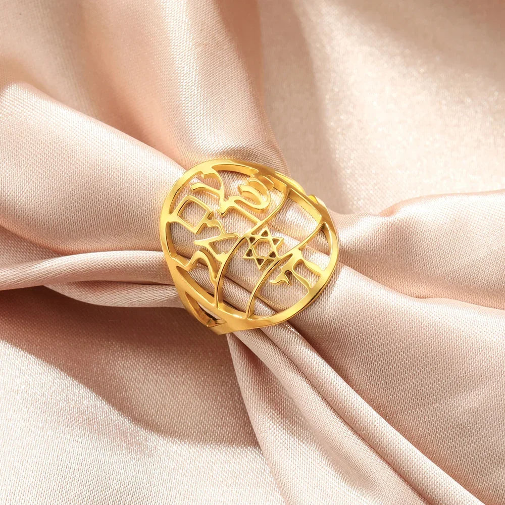 Bague symbolique juive avec gravure en hébreu étoile de David et Haï Chai or
