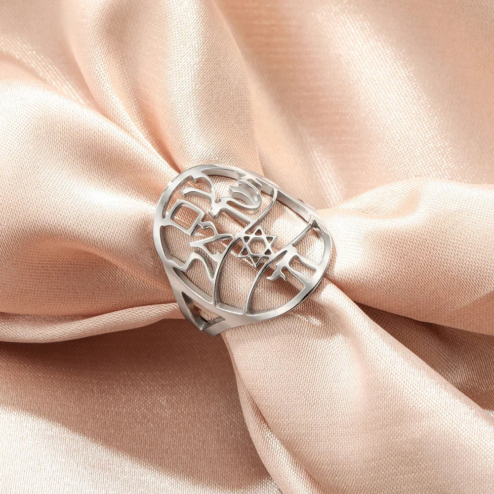 Bague symbolique juive avec gravure en hébreu étoile de David et Haï Chai argent