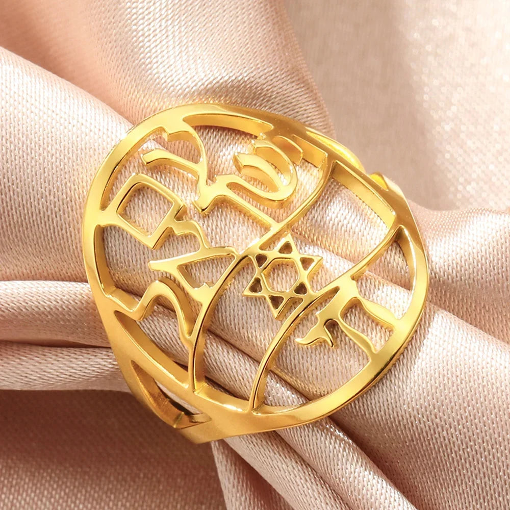 Bague symbolique juive avec gravure en hébreu étoile de David et Haï Chai or
