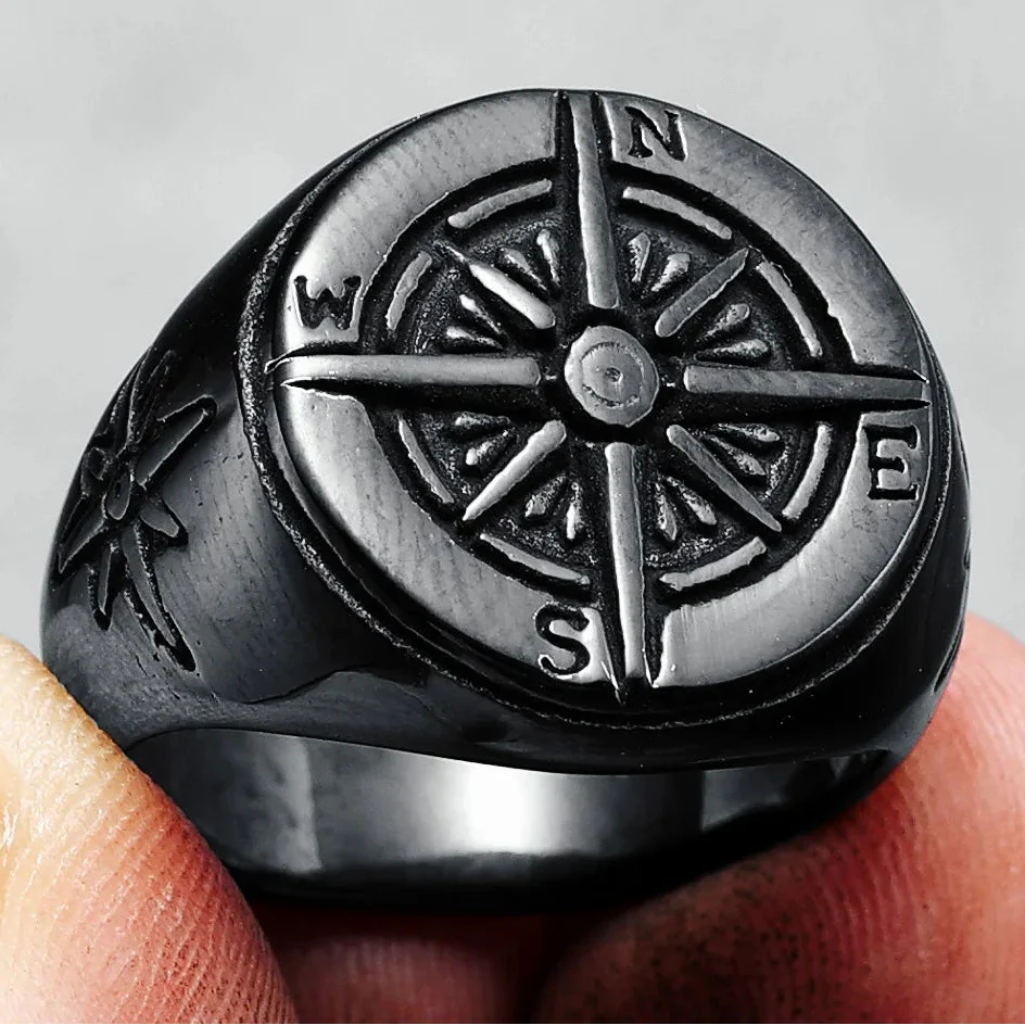 Bague Vintage Boussole Rose des Vents pour Homme noir