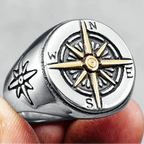 Bague Vintage Boussole Rose des Vents pour Homme argent et or