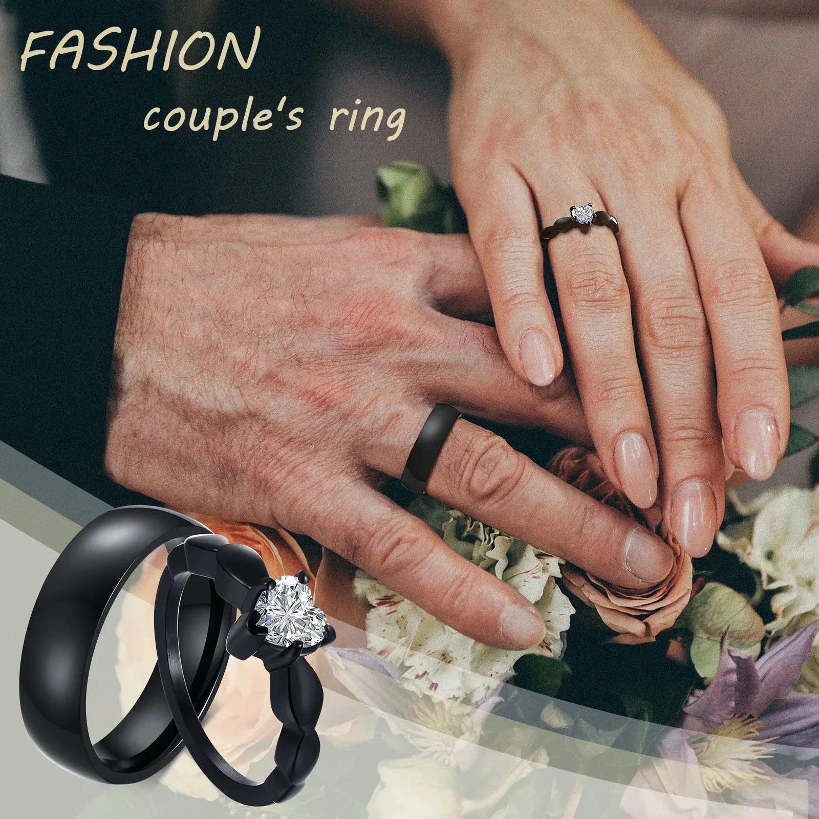 Couple Rings Heart Romantic Ring and Black Zircon
