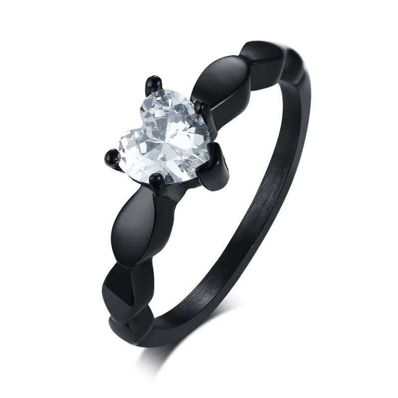 Couple Rings Heart Romantic Ring and Black Zircon