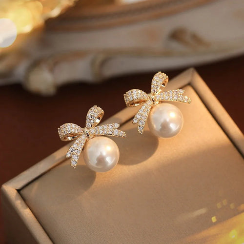 Elegant Stud Earrings with Pearl and Rhinestone Butterfly Bow