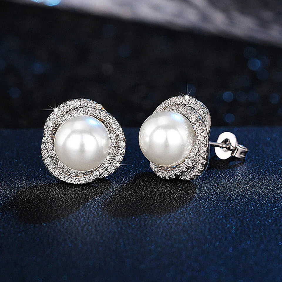 Stud Earrings with Silver Pearls and Rhinestones