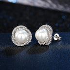 Stud Earrings with Silver Pearls and Rhinestones