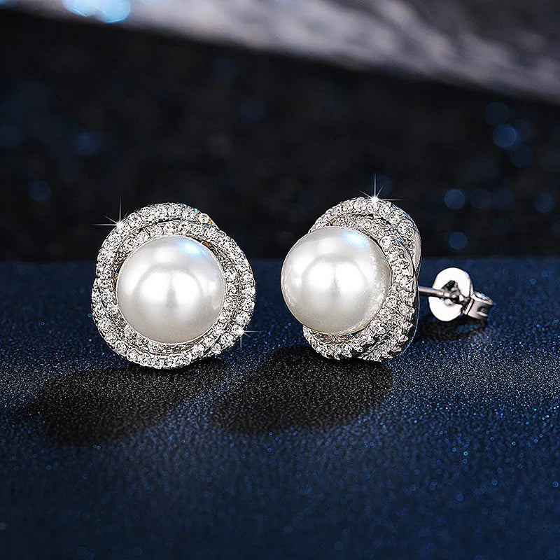 Stud Earrings with Silver Pearls and Rhinestones