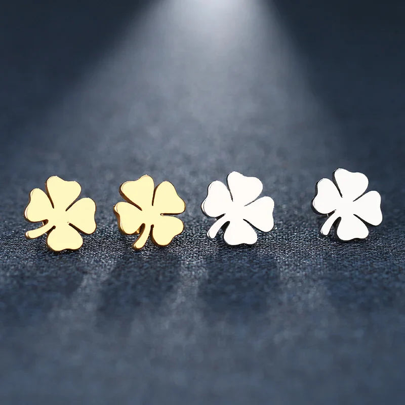 Boucles d'Oreilles Clou avec Trèfle à 4 Feuilles Porte Bonheur or