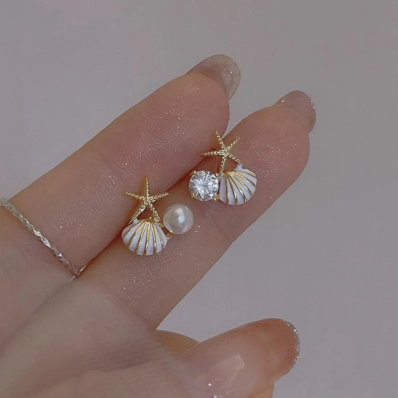 Boucles d'Oreilles Clou Coquillages et Perle