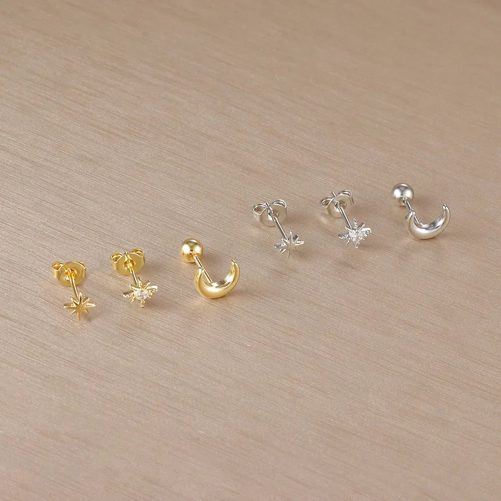 Moon Crescent and Stars Stud Earrings silver