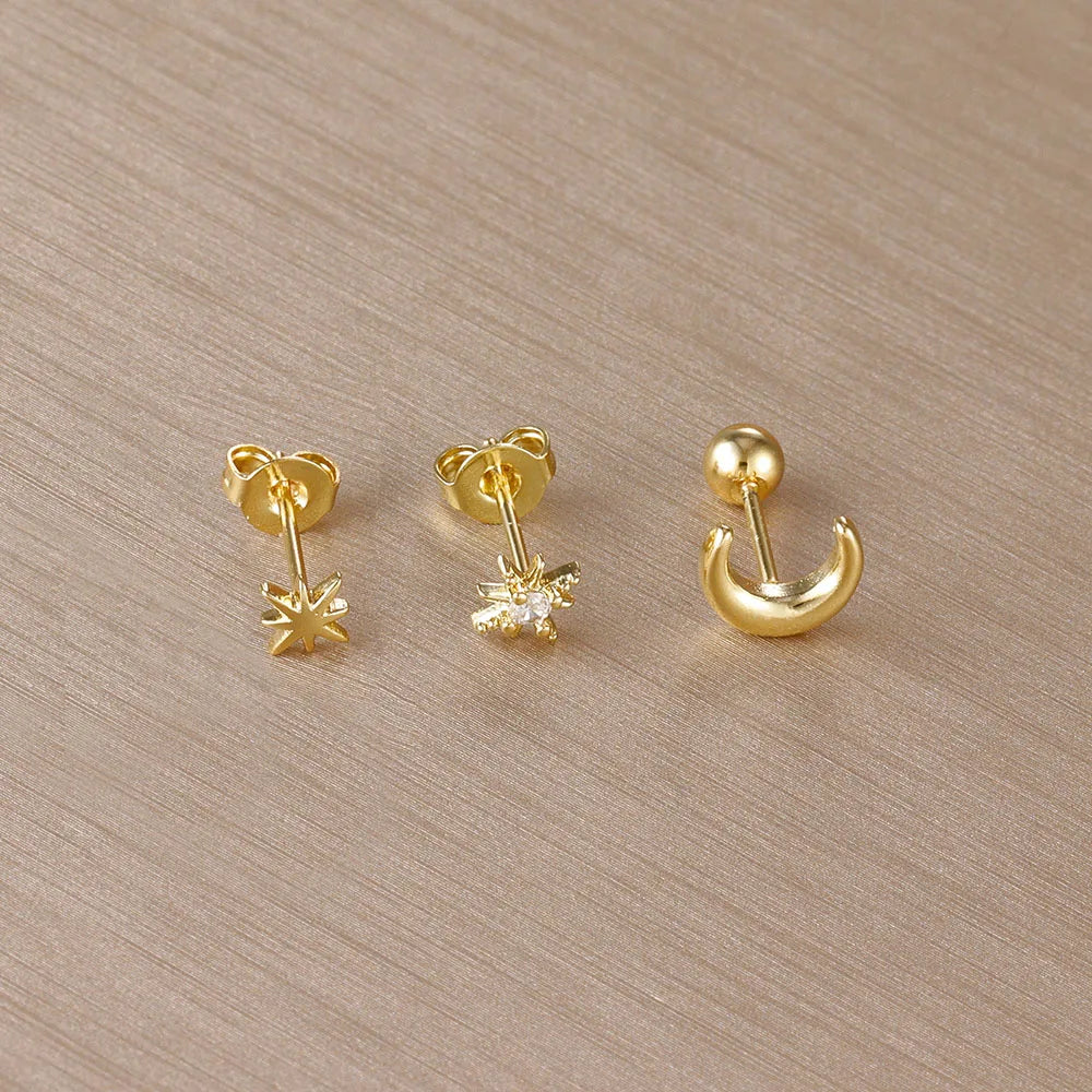 Moon Crescent and Stars Stud Earrings gold
