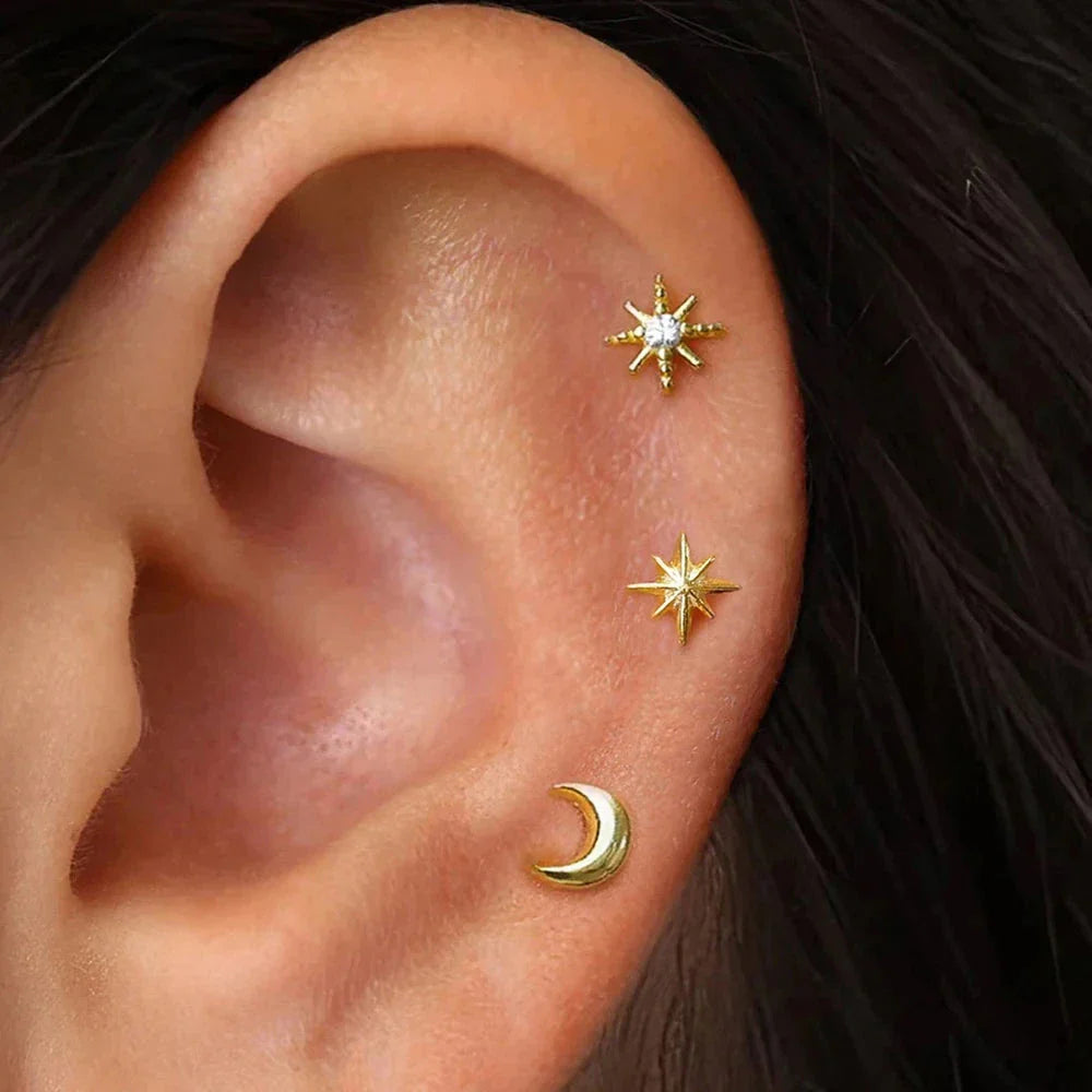 Moon Crescent and Stars Stud Earrings gold