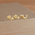 Moon Crescent and Stars Stud Earrings gold