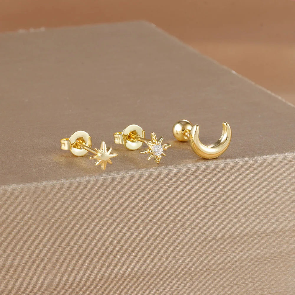 Moon Crescent and Stars Stud Earrings gold