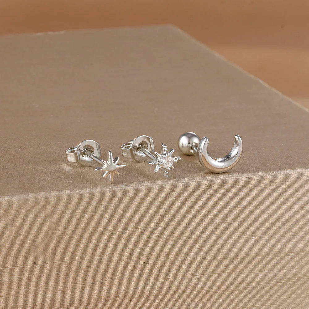 Moon Crescent and Stars Stud Earrings silver